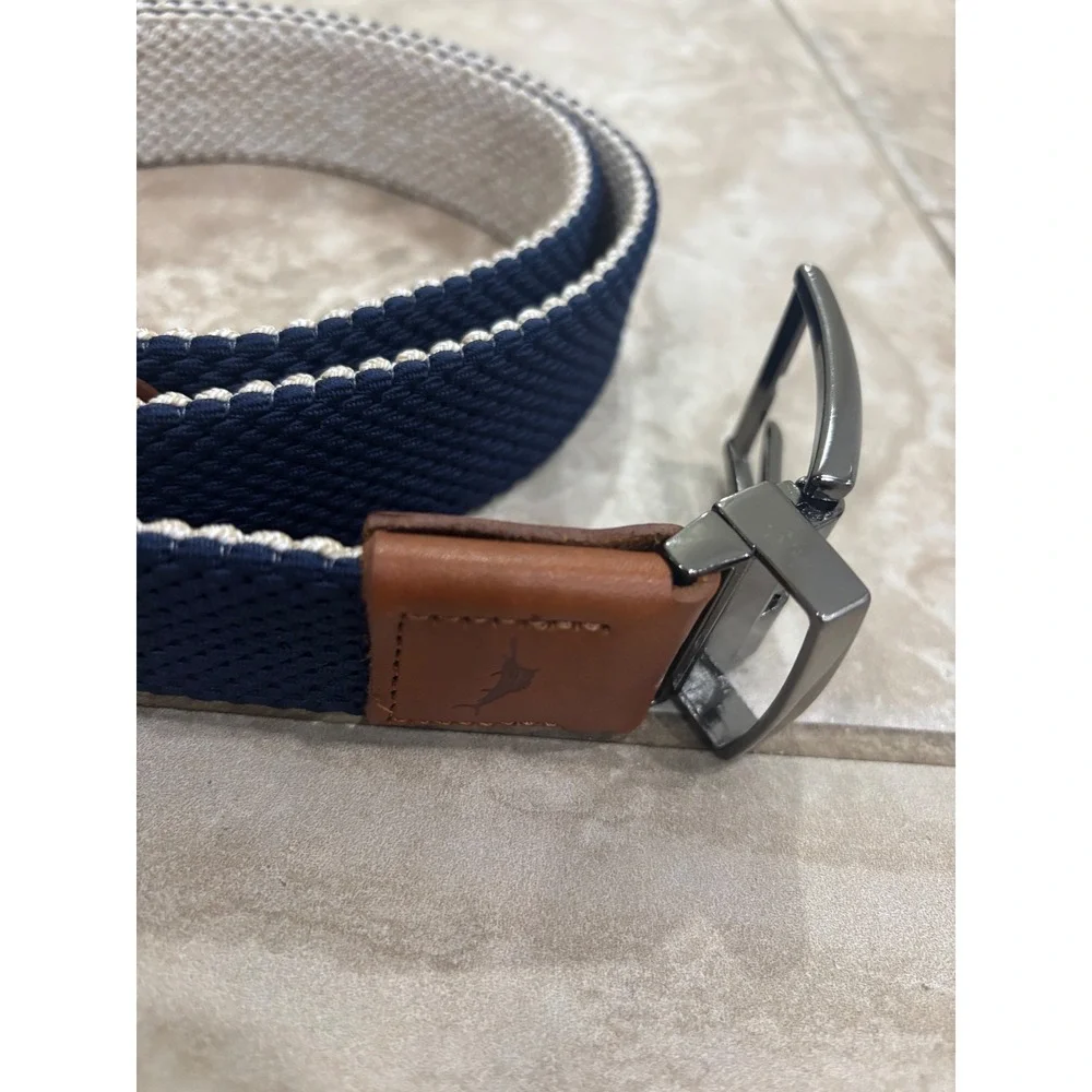 Tommy Bahama Mens Reversible Braided Belt Navy Tan Leather Trim Size S/M‎